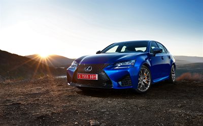 montañas, puesta del sol, 2016, Lexus GS, berlinas, coches de lujo, lexus azul