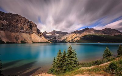 bow lake, sommar, berg, banff national park, blå sjö, alberta, kanada