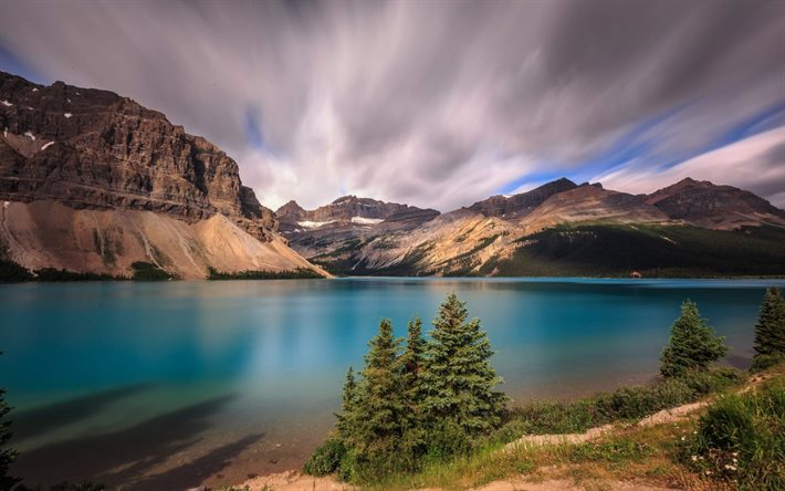 bow lake, kesä, vuoret, banffin kansallispuisto, sininen järvi, alberta, kanada