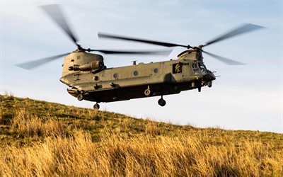 Boeing CH-47 Chinook, 4k, Royal Air Force, British army, military transport helicopter, Cargo Helicopters, flying helicopters, Boeing, aircraft