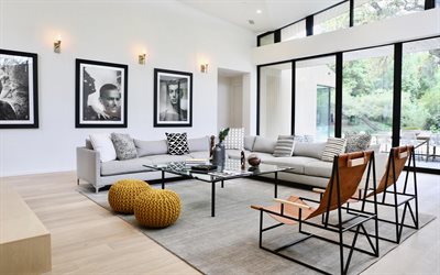 living room, stylish interior design, large gray sofa, glass table, modern style, living room idea, modern interior design