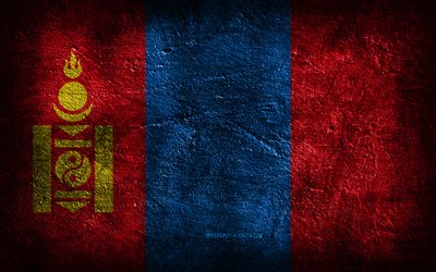 4k, la bandera de mongolia, la textura de la piedra, la piedra de fondo, el arte del grunge, los símbolos nacionales de mongolia, mongolia