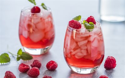4k, raspberry juice with ice, berries drinks, raspberry, juice in glasses, raspberry juice, summer drinks