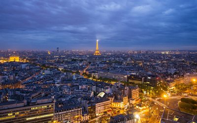 tour eiffel, paris, soirée, coucher de soleil, pâtés de maisons, paysage urbain de paris, panorama de paris, tour eiffel dans la soirée, france