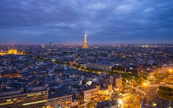 eiffel-torni, pariisi, ilta, auringonlasku, korttelit, pariisin kaupunkikuva, pariisin panoraama, eiffel-torni illalla, ranska
