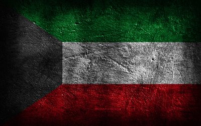 4k, クウェートの国旗, 石の質感, 石の背景, グランジアート, クウェートの国家のシンボル, クウェート