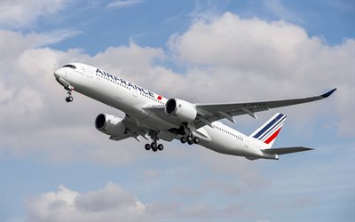 Airbus A350 XWB, passenger aircraft, Air France, Airbus A350-900, flyover takeoff, passenger transportation, aircraft in the sky, Airbus