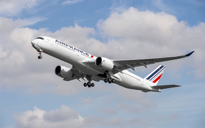 Airbus A350 XWB, passenger aircraft, Air France, Airbus A350-900, flyover takeoff, passenger transportation, aircraft in the sky, Airbus