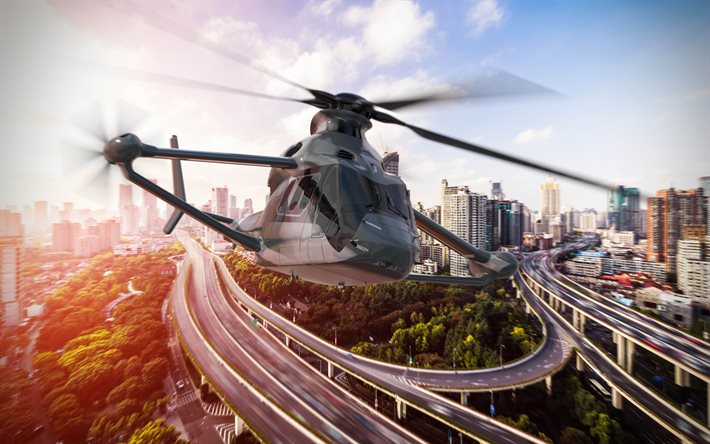 airbus racer, auringonlasku, monikäyttöhelikopterit, 4k, siviili-ilmailu, valkoinen helikopteri, ilmailu, kaupunkimaisemat, lentävät helikopterit, airbus, kuvia helikopterilla, airbus-helikopterit