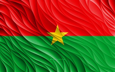 4k, علم بوركينا فاسو, أعلام 3d متموجة, الدول الافريقية, يوم بوركينا فاسو, موجات ثلاثية الأبعاد, رموز بوركينا فاسو الوطنية, بوركينا فاسو