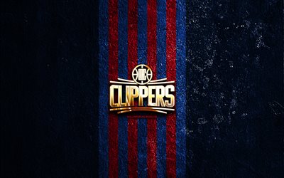 Los Angeles Clippers golden logo, 4k, blue stone background, NBA, american basketball team, Los Angeles Clippers logo, basketball, Los Angeles Clippers, LA Clippers
