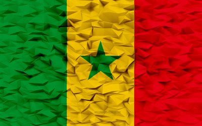 bandiera del senegal, 4k, sfondo poligono 3d, struttura del poligono 3d, bandiera senegalese, bandiera del senegal 3d, simboli nazionali senegalesi, arte 3d, senegal