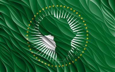 4k, 아프리카 연합 깃발, 물결 모양의 3d 플래그, 아프리카 국가, 아프리카 연합의 국기, 아프리카 연합의 날, 3d 파도, 아프리카 연합 국가 상징, 아프리카 연합