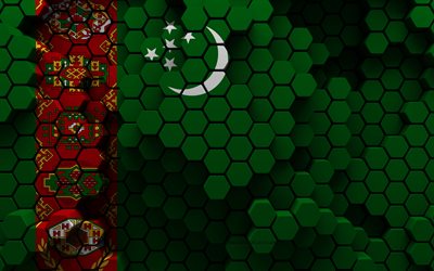 4k, drapeau du turkménistan, 3d hexagone de fond, turkménistan 3d drapeau, 3d hexagone texture, turkménistan symboles nationaux, turkménistan, 3d arrière-plan, 3d turkménistan drapeau