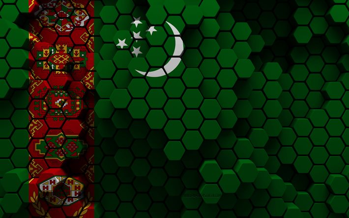 4k, bandera de turkmenistán, fondo hexagonal 3d, bandera 3d de turkmenistán, textura hexagonal 3d, símbolos nacionales de turkmenistán, turkmenistán, fondo 3d, bandera de turkmenistán 3d