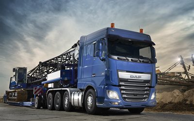 daf xf, camion, transport par grue, grue sur chenilles, daf xf 510 ftm, nouveau bleu daf xf, camions neufs, camionnage, daf