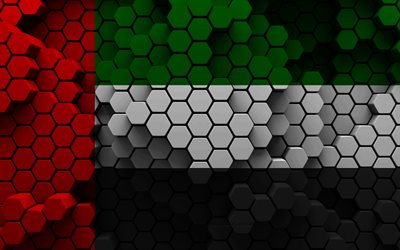 4k, bandera de los emiratos árabes unidos, fondo hexagonal 3d, bandera 3d de los emiratos árabes unidos, textura hexagonal 3d, símbolos nacionales de los eau, emiratos árabes unidos, fondo 3d, bandera de los eau