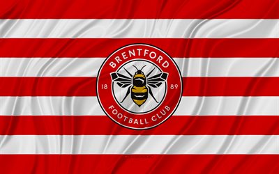 brentford fc, 4k, punainen valkoinen aaltoileva lippu, premier league, jalkapallo, 3d kangasliput, brentford fc lippu, brentford fc logo, englantilainen jalkapalloseura, fc brentford