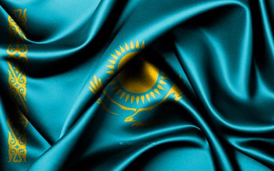 Kazakh flag, 4K, Asian countries, fabric flags, Day of Kazakhstan, flag of Kazakhstan, wavy silk flags, Kazakhstan flag, Asia, Kazakh national symbols, Kazakhstan