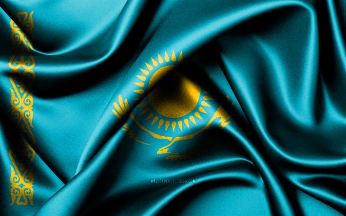 bandera kazaja, 4k, países asiáticos, banderas de tela, día de kazajstán, bandera de kazajstán, banderas de seda onduladas, asia, símbolos nacionales kazajos, kazajstán