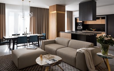 design de interiores moderno, apartamentos, sala de estar, estilo moderno, sofá bege na sala de estar, cozinha preta, ideia de sala de estar, design de interiores elegante