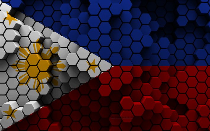 4k, flagge der philippinen, 3d-hexagon-hintergrund, philippinen 3d-flagge, 3d-sechskant-textur, philippinen-nationalsymbole, philippinen, 3d-hintergrund, 3d-philippinen-flagge