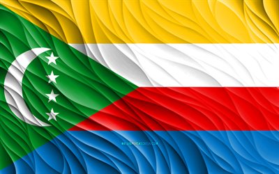 4k, Comoros flag, wavy 3D flags, African countries, flag of Comoros, Day of Comoros, 3D waves, Comoros national symbols, Comoros