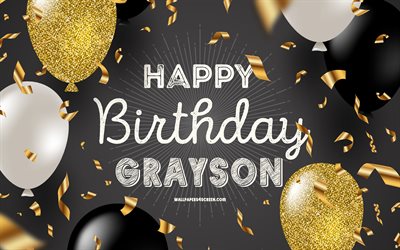 4k, feliz aniversário grayson, preto dourado aniversário de fundo, grayson aniversário, grayson, dourado balões pretos, grayson feliz aniversário