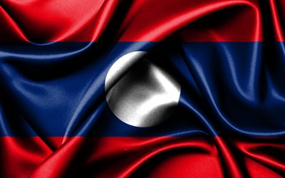 bandiera laotiana, 4k, paesi asiatici, bandiere in tessuto, giorno del laos, bandiera del laos, bandiere di seta ondulata, asia, simboli nazionali laotiani, laos