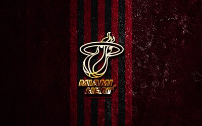 Miami Heat golden logo, 4k, red stone background, NBA, american basketball team, Miami Heat logo, basketball, Miami Heat