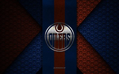 edmonton oilers, nhl, orange-blaue strickstruktur, edmonton oilers-logo, amerikanischer hockeyclub, edmonton oilers-emblem, hockey, edmonton, usa