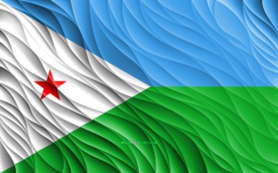 4k, علم جيبوتي, أعلام 3d متموجة, الدول الافريقية, يوم جيبوتي, موجات ثلاثية الأبعاد, رموز جيبوتي الوطنية, جيبوتي