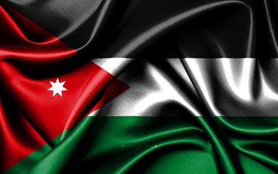 요르단 국기, 4k, 아시아 국가, 패브릭 플래그, 요르단의 날, 요르단의 국기, 물결 모양의 실크 깃발, 아시아, 요르단 국가 상징, 요르단
