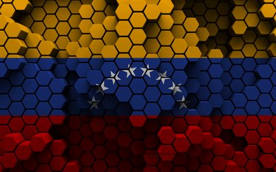 4k, ベネズエラの旗, 3d六角形の背景, ベネズエラの3dフラグ, 3d六角形テクスチャ, ベネズエラの国家のシンボル, ベネズエラ, 3d背景, 3dベネズエラの旗