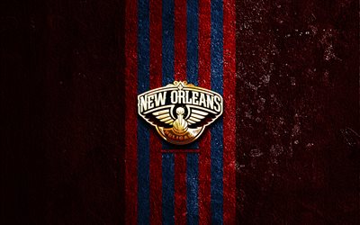 logo dorato dei new orleans pelicans, 4k, sfondo di pietra rossa, nba, squadra di basket americana, logo dei new orleans pelicans, basket, new orleans pelicans