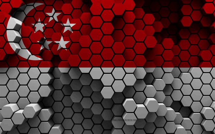 4k, シンガポールの旗, 3d六角形の背景, シンガポールの3dフラグ, 3d六角形テクスチャ, シンガポールの国家のシンボル, シンガポール, 3d背景, 3dシンガポール国旗