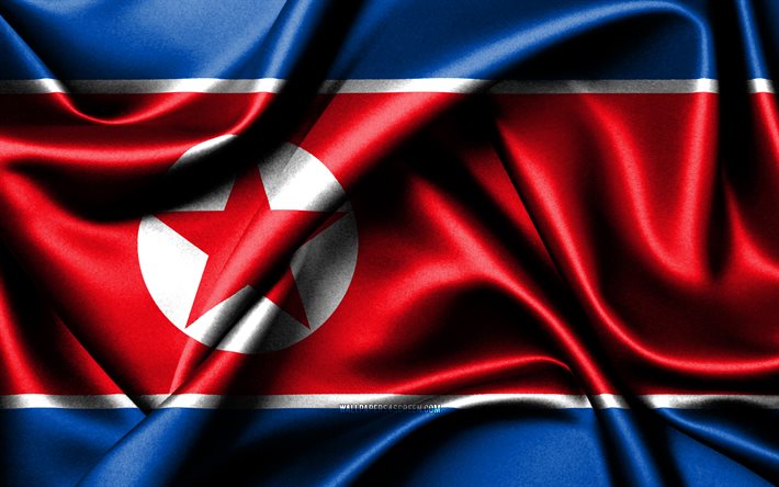 bandera de corea del norte, 4k, países asiáticos, banderas de tela, día de corea del norte, banderas de seda onduladas, asia, símbolos nacionales de corea del norte, corea del norte