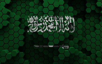 4k, bandera de arabia saudita, fondo hexagonal 3d, bandera 3d de arabia saudita, textura hexagonal 3d, símbolos nacionales de arabia saudita, arabia saudita, fondo 3d