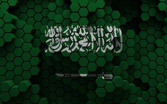 4k, drapeau de l arabie saoudite, 3d fond hexagonal, arabie saoudite 3d drapeau, 3d hexagone texture, arabie saoudite symboles nationaux, arabie saoudite, 3d arrière-plan, 3d drapeau arabie saoudite