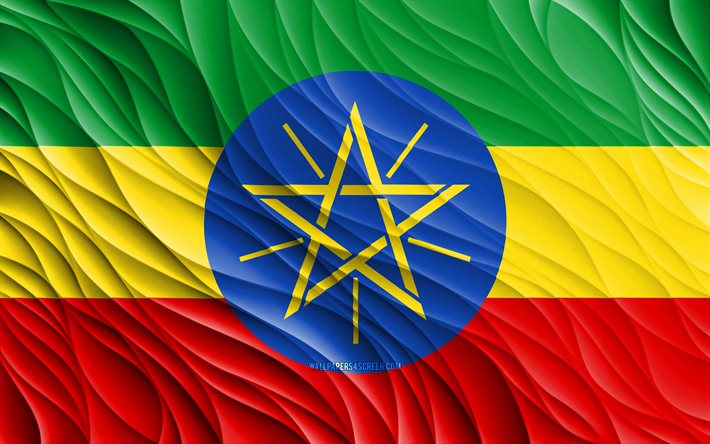 4k, Ethiopian flag, wavy 3D flags, African countries, flag of Ethiopia, Day of Ethiopia, 3D waves, Ethiopian national symbols, Ethiopia flag, Ethiopia