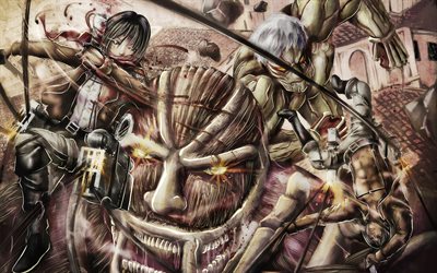 Armored Titan, Eren Jaeger, Mikasa Ackerman, Colossal Titan, Attack on Titan, battle, Shingeki no Kyojin, Attack on Titan characters, manga