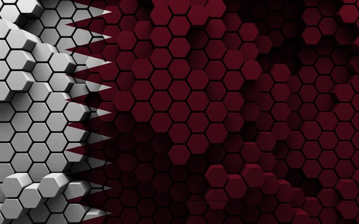 4k, bandera de qatar, fondo hexagonal 3d, bandera 3d de qatar, textura hexagonal 3d, símbolos nacionales de qatar, fondo 3d, bandera de qatar 3d