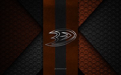 anaheim ducks, nhl, svart orange stickad textur, anaheim ducks logotyp, american hockey club, anaheim ducks emblem, hockey, anaheim, usa