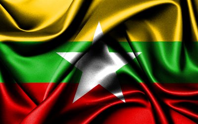 미얀마 국기, 4k, 아시아 국가, 패브릭 플래그, 미얀마의 날, 미얀마의 국기, 물결 모양의 실크 깃발, 아시아, 미얀마 국가 상징, 미얀마