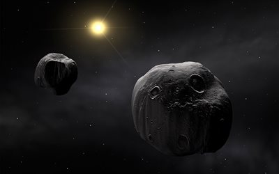 4k, asteroiden, sonne, 3d-kunst, nasa, galaxie, planeten, asteroiden im weltraum, schwarze steine