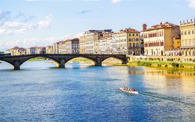 Florence, 4k, Santa Trinita Bridge, summer, Arno River, italian cities, Italy, Europe, Florence landmarks