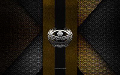 Mjallby AIF, Allsvenskan, yellow black knitted texture, Mjallby AIF logo, Swedish football club, Mjallby AIF emblem, football, Hellevik, Sweden