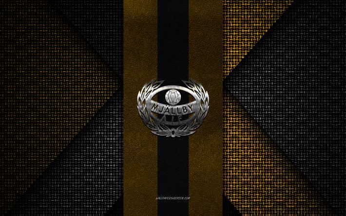 mjallby aif, allsvenskan, textura tejida negra amarilla, logotipo de mjallby aif, club de fútbol sueco, emblema de mjallby aif, fútbol, hellevik, suecia
