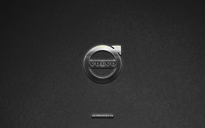Volvo logo, gray stone background, Volvo emblem, car logos, Volvo, car brands, Volvo metal logo, stone texture