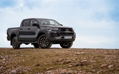2022, Toyota Hilux GR Sport, 4k, exterior, front view, black Toyota Hilux, black pickup truck, Hilux Double Cab, Toyota Hilux tuning, Japanese cars, Toyota